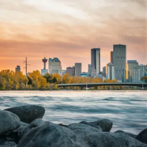 Edmonton, Alberta skyline above a body of water.