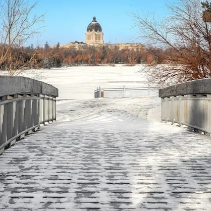 Snow-covered bridge in a Saskatchewan town.