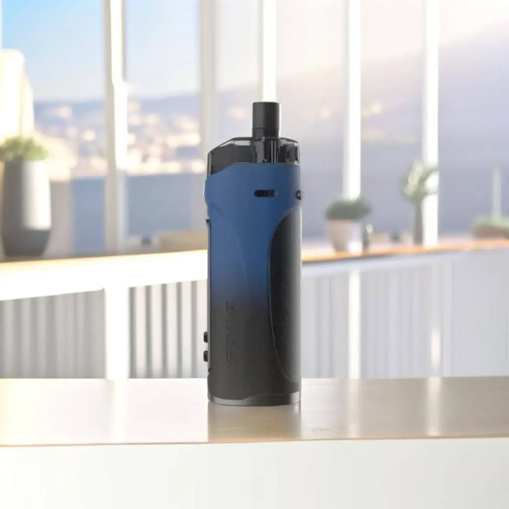 A blue Kroma Z vape on a balcony tabletop.